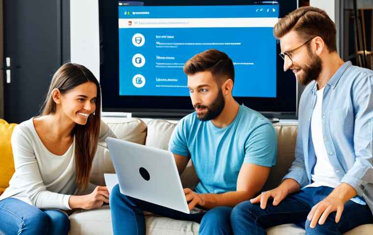 Password Security**

"A diverse group of friends gathered around a laptop, one pointing to a complex password on the screen. Emphasize security symbols like padlocks and keys subtly integrated into the background. The scene is bright and inviting, set in a modern living room. Everyone is fully clothed in casual, appropriate attire. Safe for work, appropriate content, family-friendly, perfect anatomy, correct proportions, professional illustration, high quality."

**